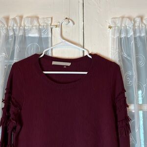 One Grey Day Crewneck Sweater Women’s XS  Burgundy Bell Fringes Sleeves